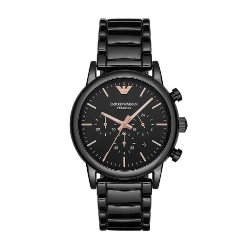 Montre chronographe Emporio Armani AR1509 Ceramica pour homme avec cadran noir et or rose