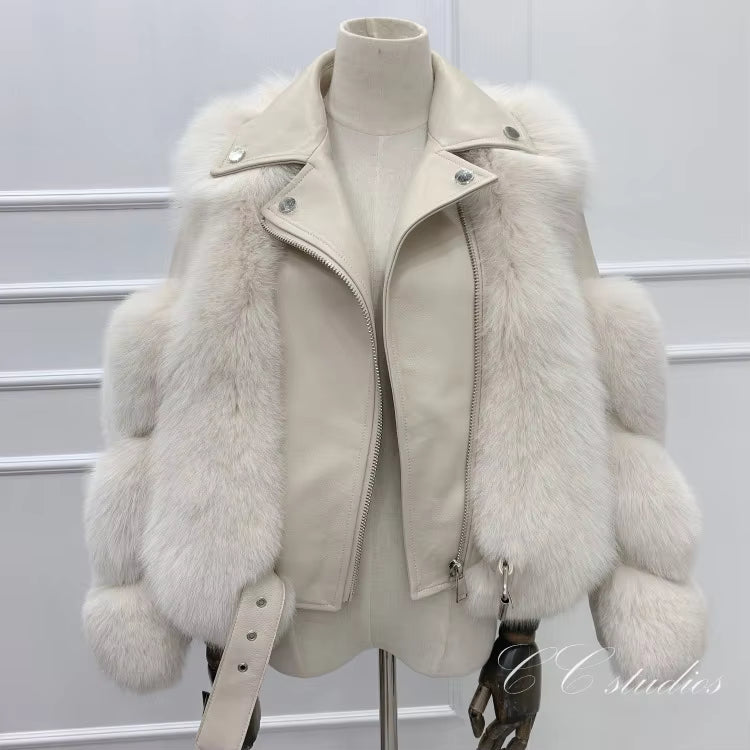 Amalia Women’s Real Fox Fur and Genuine Sheepskin Leather Winter Jacket