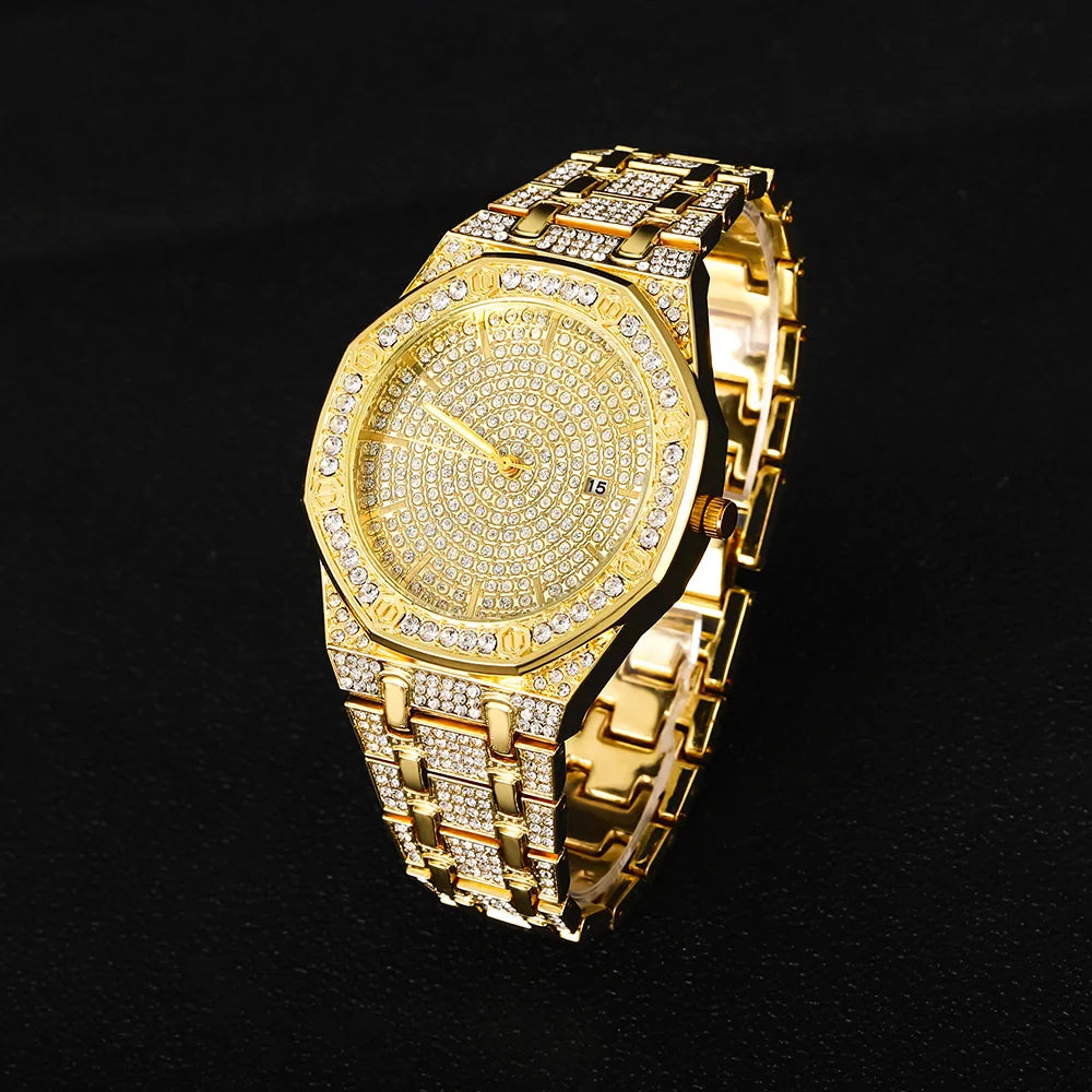 "King Frost" Iced Out Men’s Gold Watch and Miami Cuban Bracelet Luxury Bundle