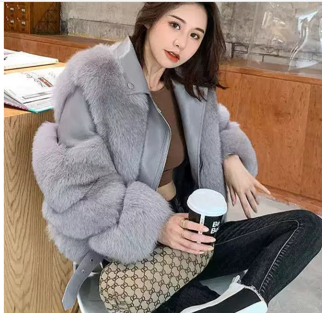 Amalia Women’s Real Fox Fur and Genuine Sheepskin Leather Winter Jacket