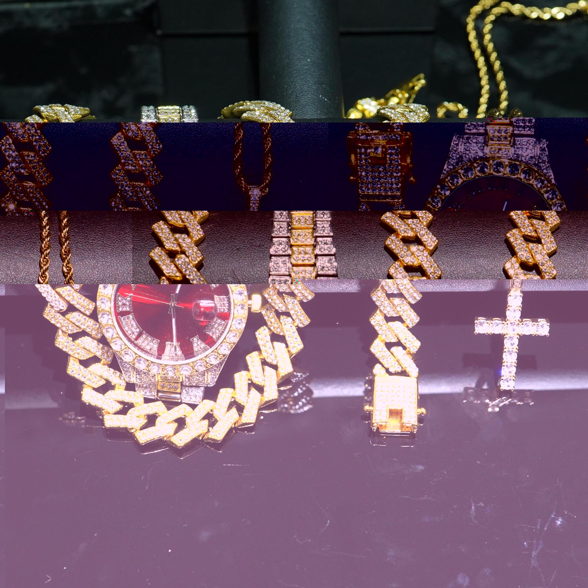 VVS Jewelry 4-Piece Iced Out Watch & Cuban Chain, Bracelet and Cross Bundle Set