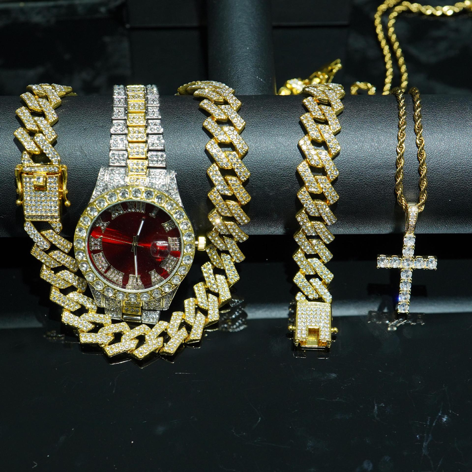 VVS Jewelry 4-Piece Iced Out Watch & Cuban Chain, Bracelet and Cross Bundle Set