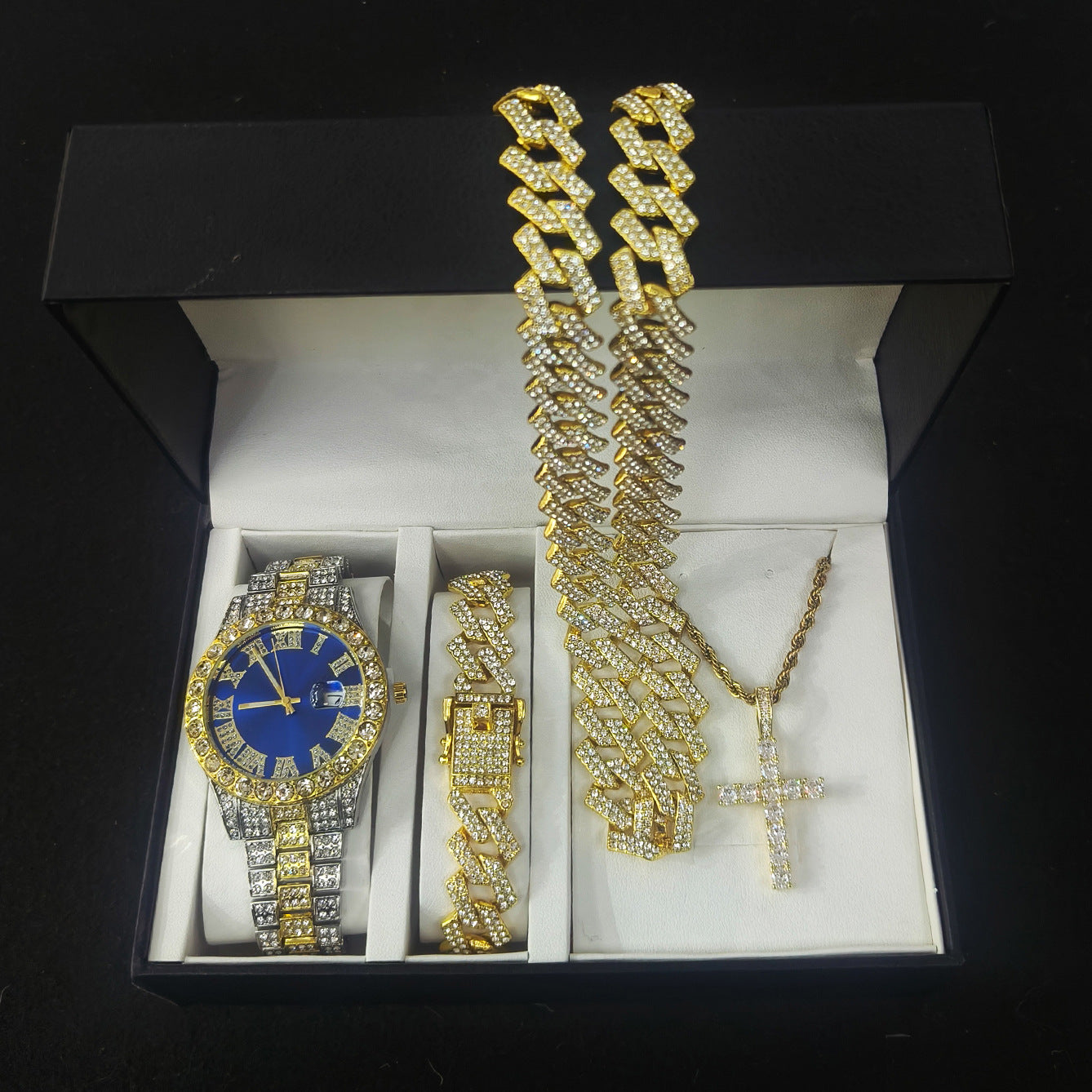 VVS Jewelry 4-Piece Iced Out Watch & Cuban Chain, Bracelet and Cross Bundle Set