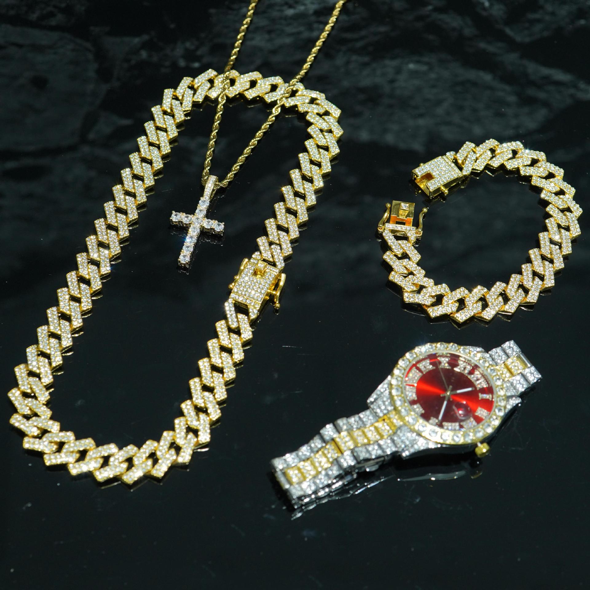 VVS Jewelry 4-Piece Iced Out Watch & Cuban Chain, Bracelet and Cross Bundle Set