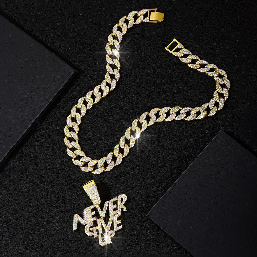 NEVER GIVE UP Pendant + Cuban Chain