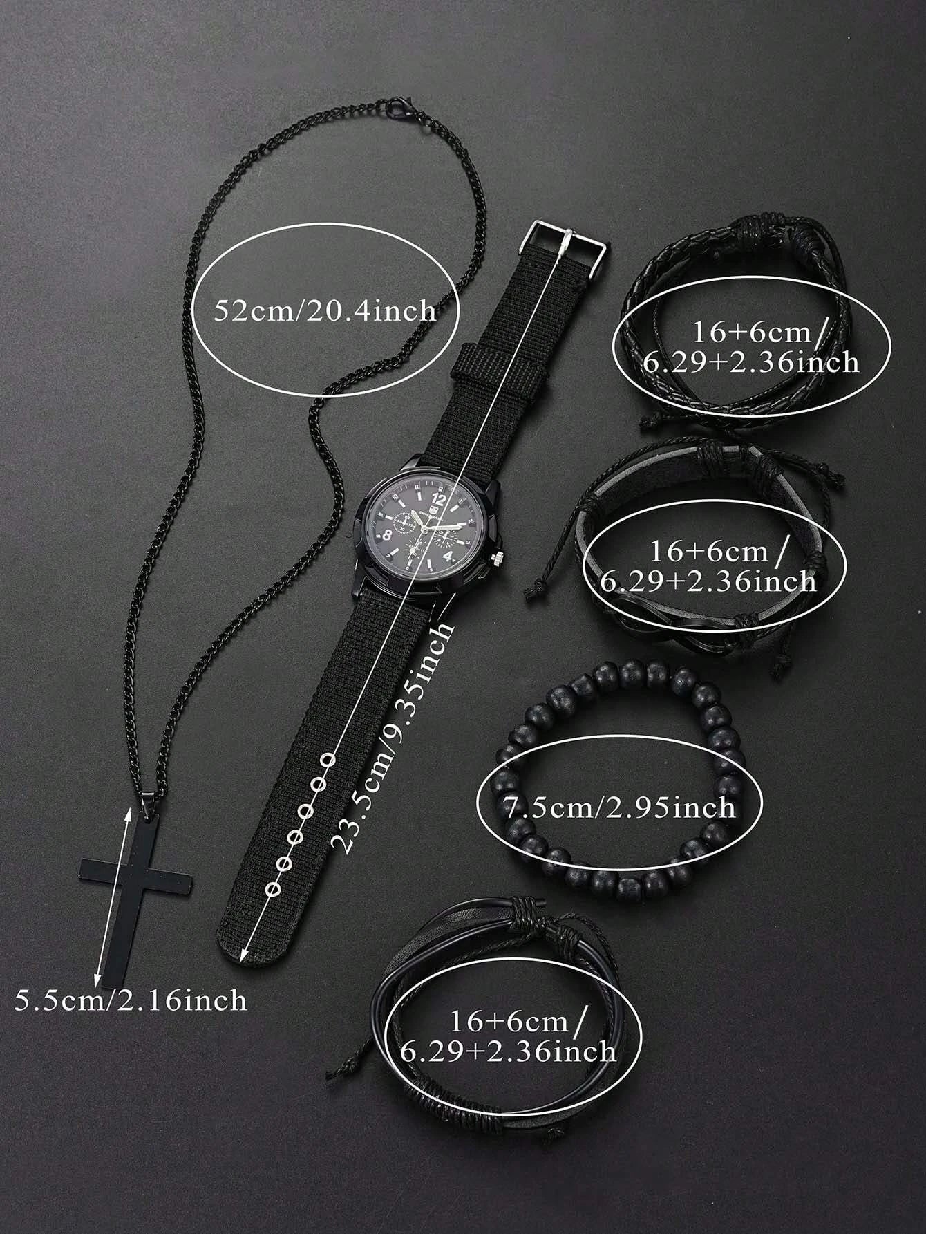 VVS Vanta Noir 6-Piece Men's Accessory Set – Leather Bracelet, Mechanical Watch & Cross Pendant Necklace Bundle