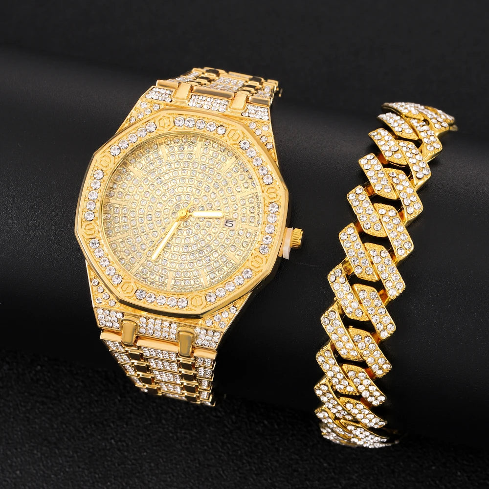 "King Frost" Iced Out Men’s Gold Watch and Miami Cuban Bracelet Luxury Bundle