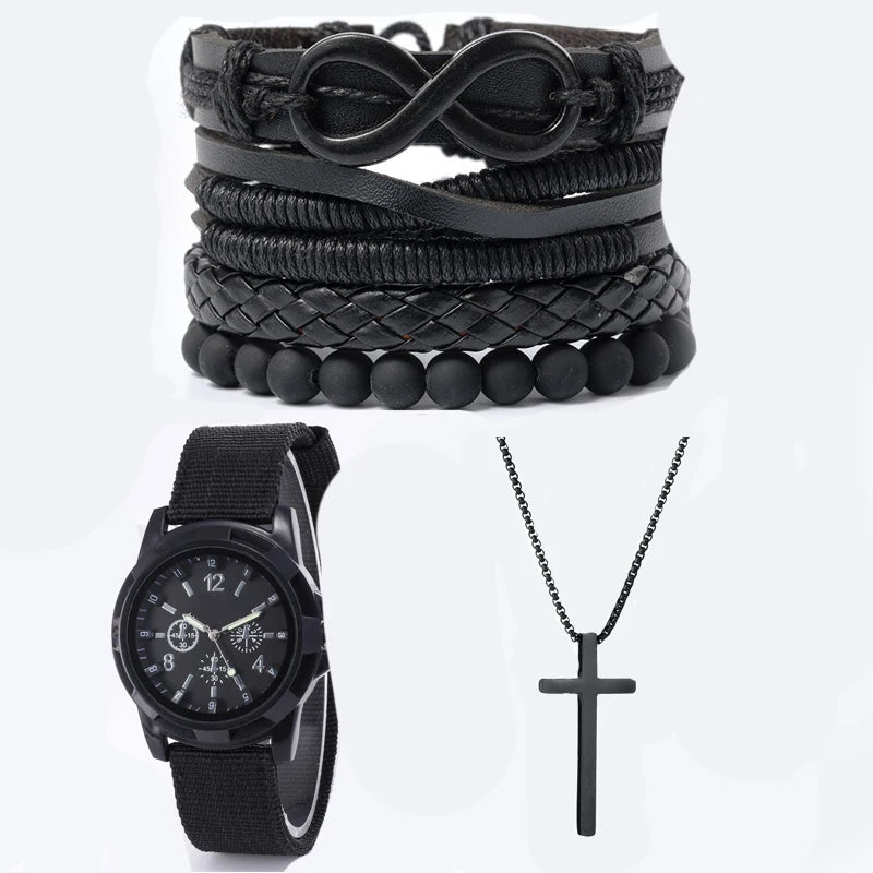 VVS Vanta Noir 6-Piece Men's Accessory Set – Leather Bracelet, Mechanical Watch & Cross Pendant Necklace Bundle