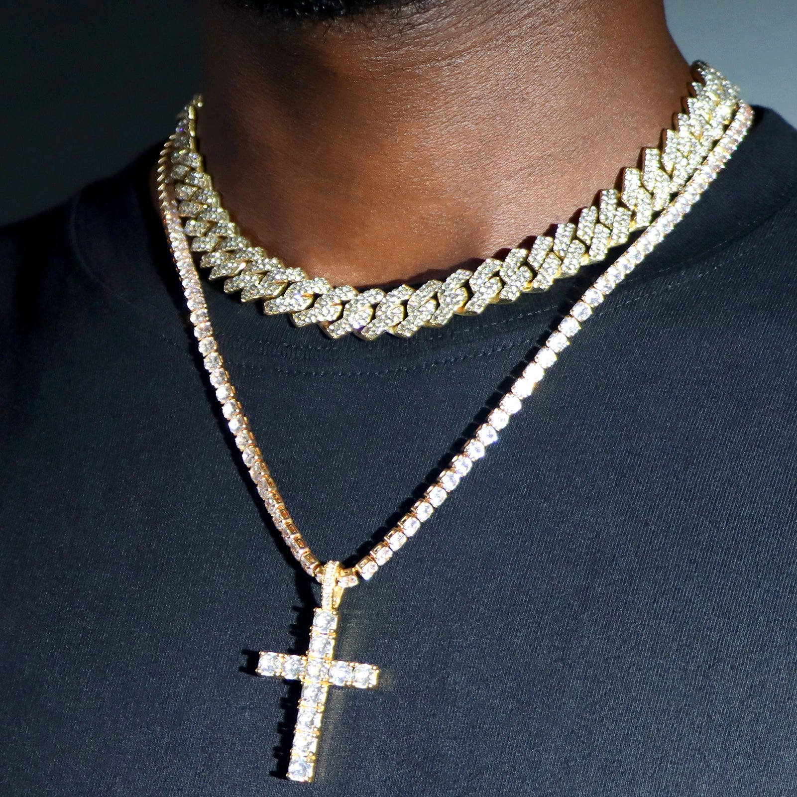 2-Piece Iced Out Bundle: 14MM Cuban + Tennis Cross Chain