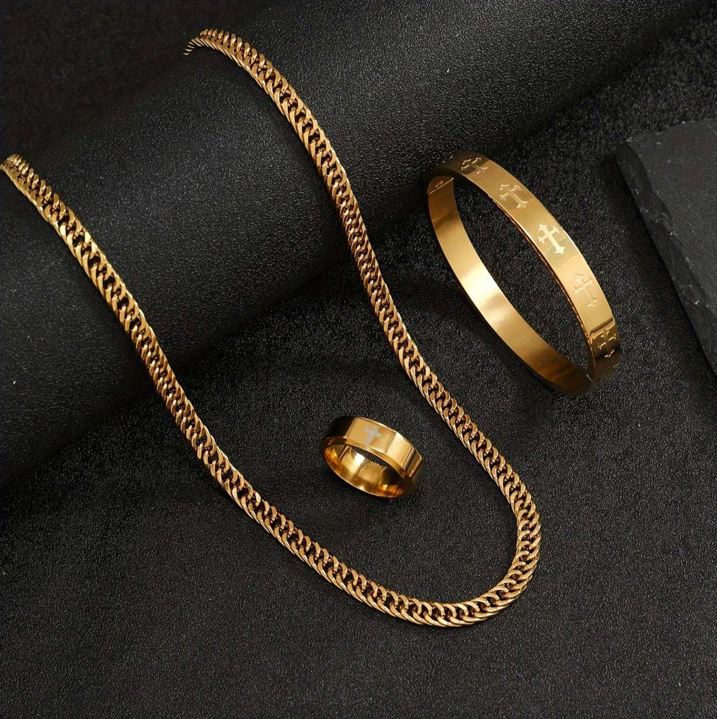 Ensemble bracelet et bague en or avec chaîne cubaine Grillz Boss Glory