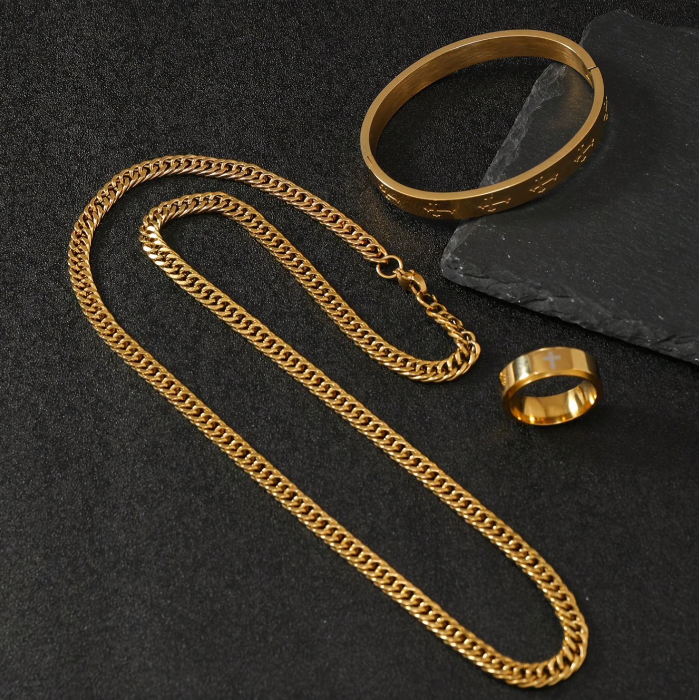 Ensemble bracelet et bague en or avec chaîne cubaine Grillz Boss Glory