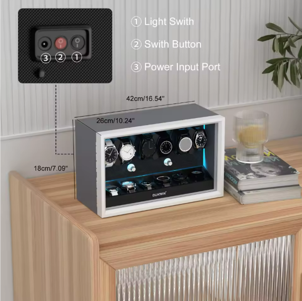 Aurora Blue Light 6+6 Watch Winder with Extra Storage and Quiet Motors