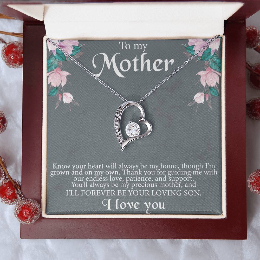 To My Mother From Son Message Card Heart Necklace