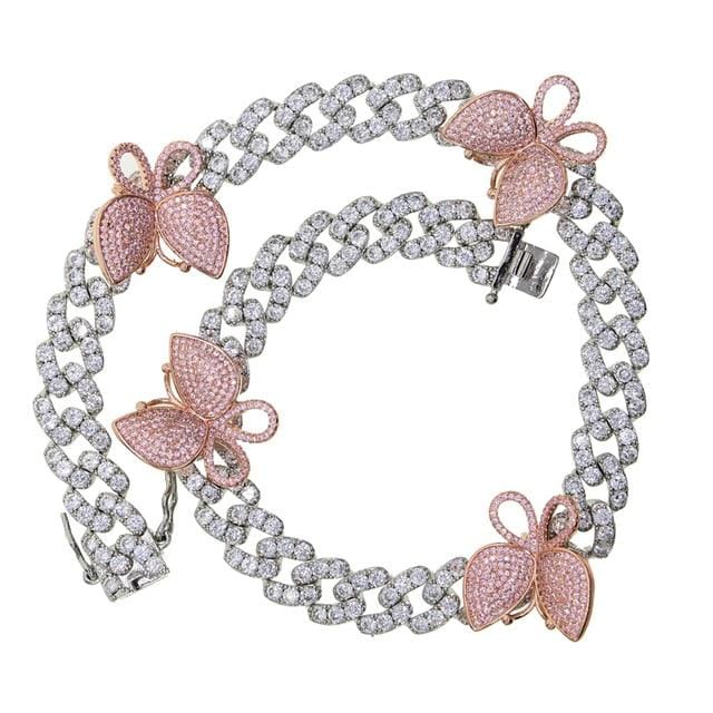 Jewelhery hip hop jewelry Silver + Pink / 15inch 12MM Miami cuban link chain pink butterfly choker