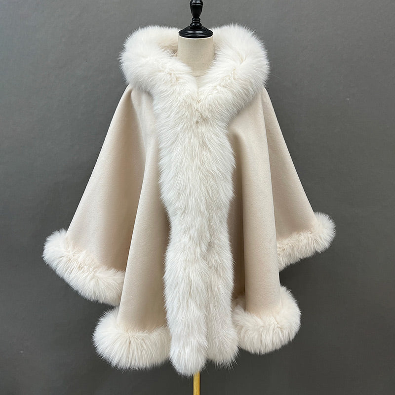 Emily Cashmere Poncho Style Real Fox Fur Coat with Fox Fur Hood