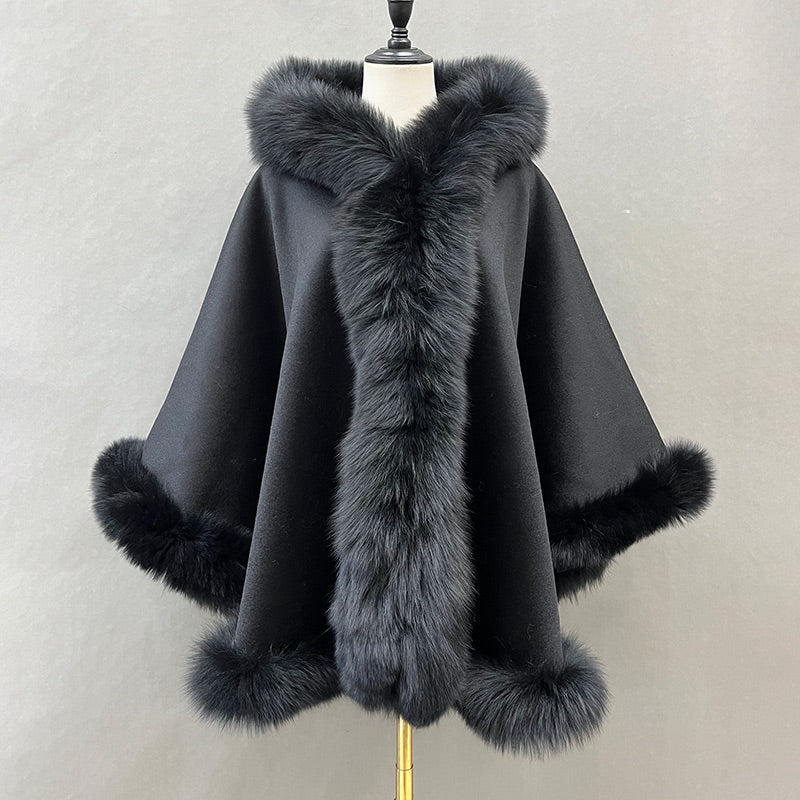 Emily Cashmere Poncho Style Real Fox Fur Coat with Fox Fur Hood