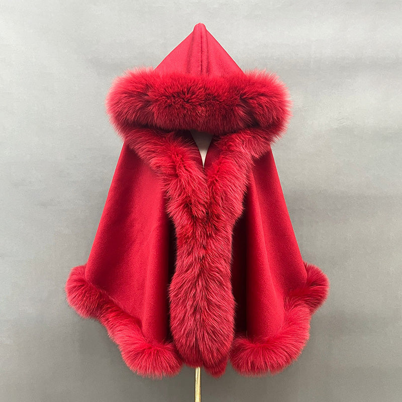 Emily Cashmere Poncho Style Real Fox Fur Coat with Fox Fur Hood