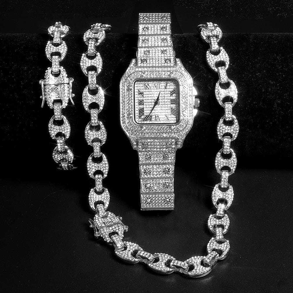 VVS Jewelry hip hop jewelry VVS Jewelry Coffee Bean Chain and Bracelet Bundle + FREE Square Roman Watch