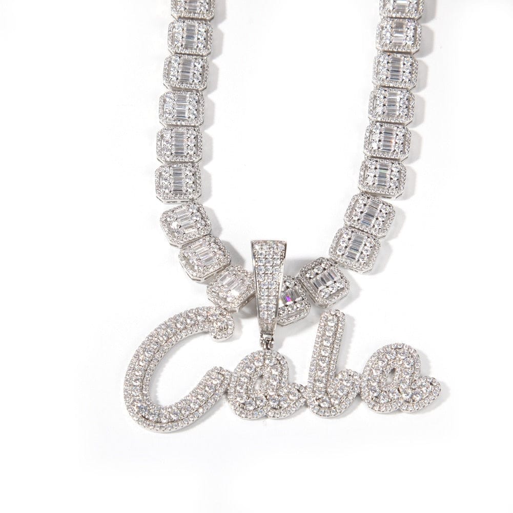 VVS Jewelry hip hop jewelry VVS Jewelry Custom Name Brush Cursive Baguette Pendant and Chain