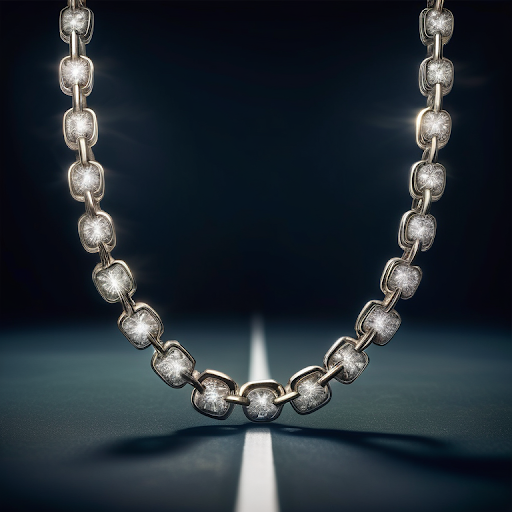 Close-up of a sparkling diamond tennis chain necklace against a dark background.