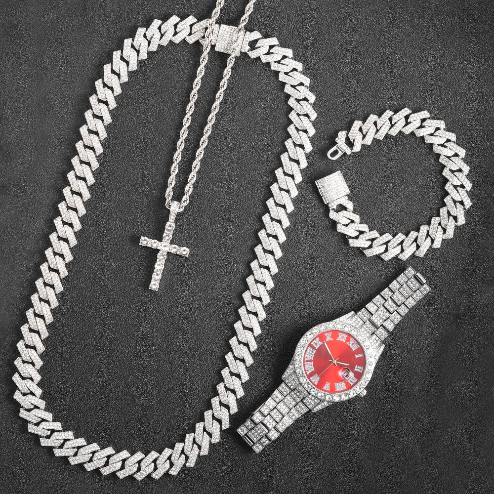 16mm Cuban Link Chain, Cross Watch & Bracelet Bundle Set
