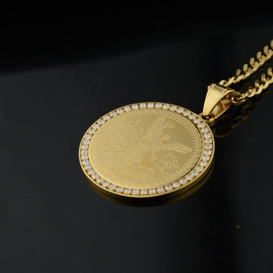 Iced Bezel 14k Gold Centenario Pendant Necklace