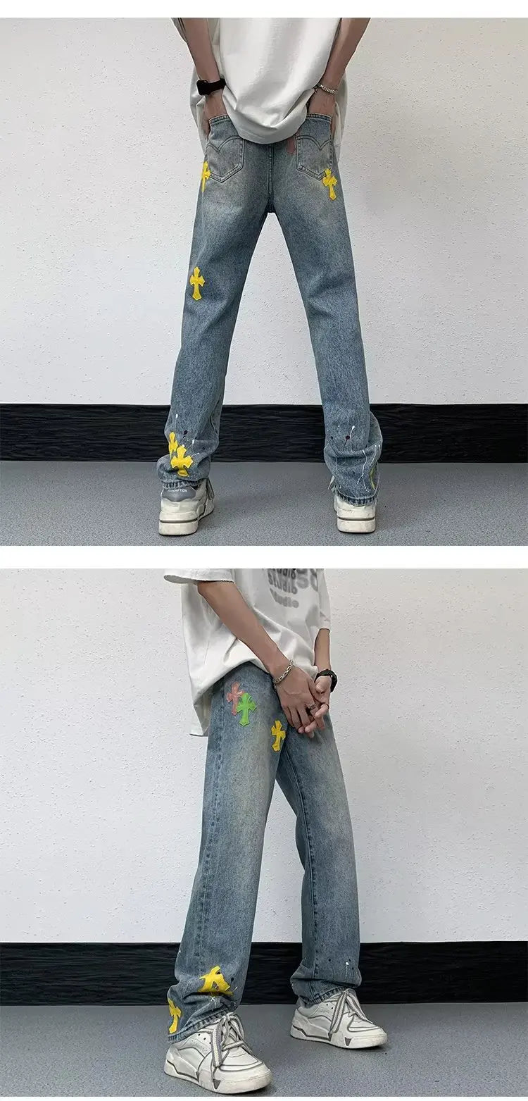 VVS Splashed Ink Cross Embroidery Jeans