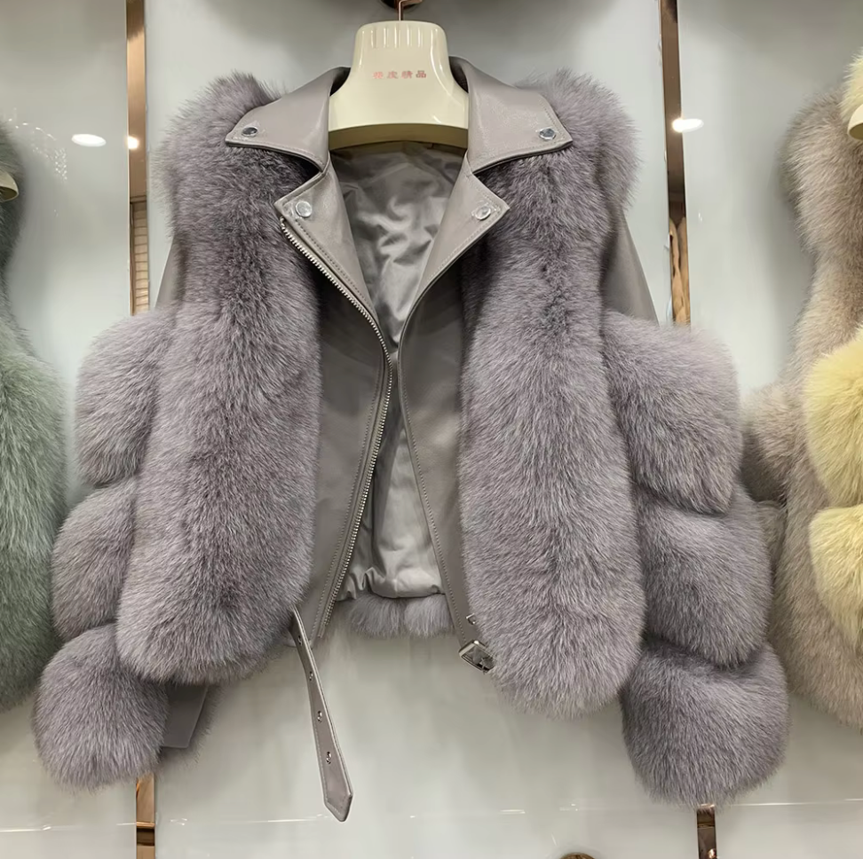 Amalia Women’s Real Fox Fur and Genuine Sheepskin Leather Winter Jacket