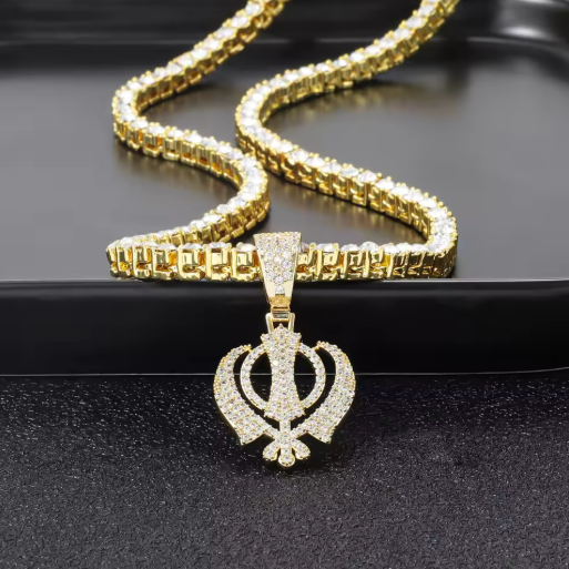Iced Khanda Pendant Tennis Chain Necklace