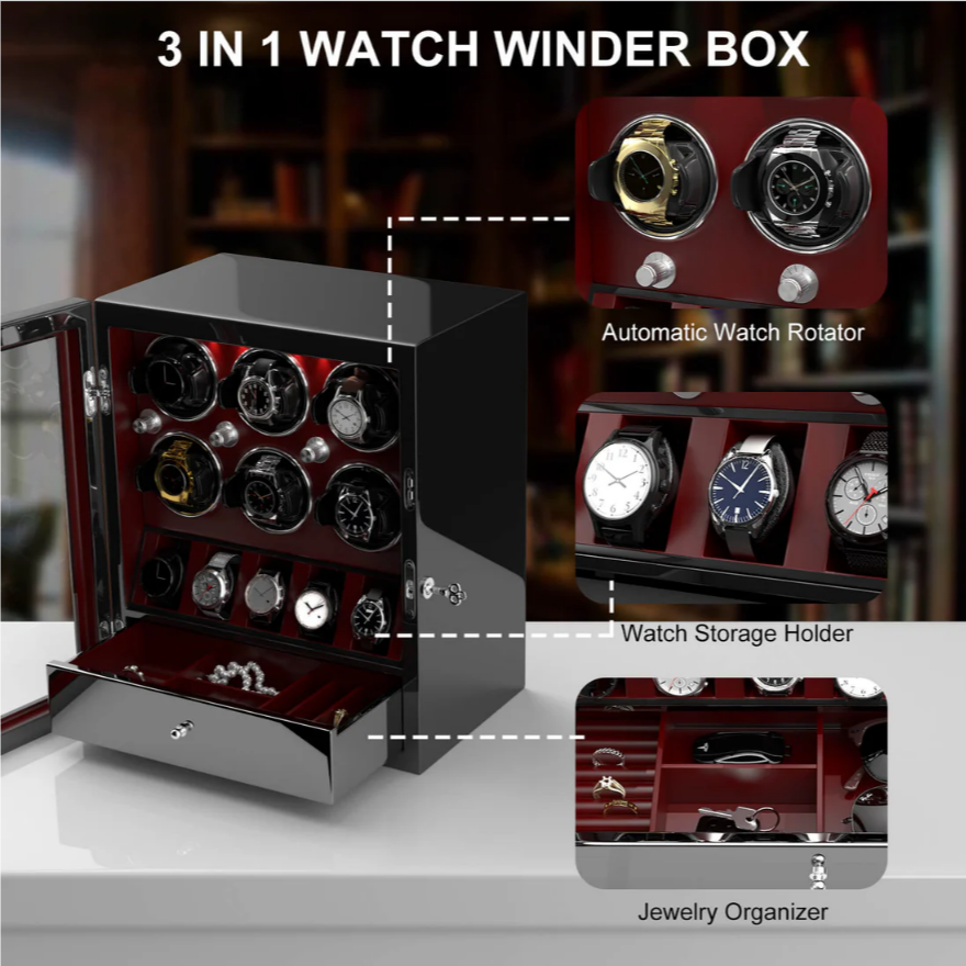6 Classic Watch Winders for Automatic Watches with 5 Display Slots – Red