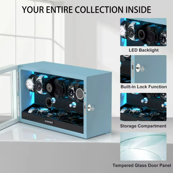 Aurora Blue Light 6+6 Watch Winder with Extra Storage and Quiet Motors