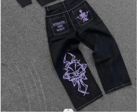 Retro Skull Embroidery Baggy Jeans