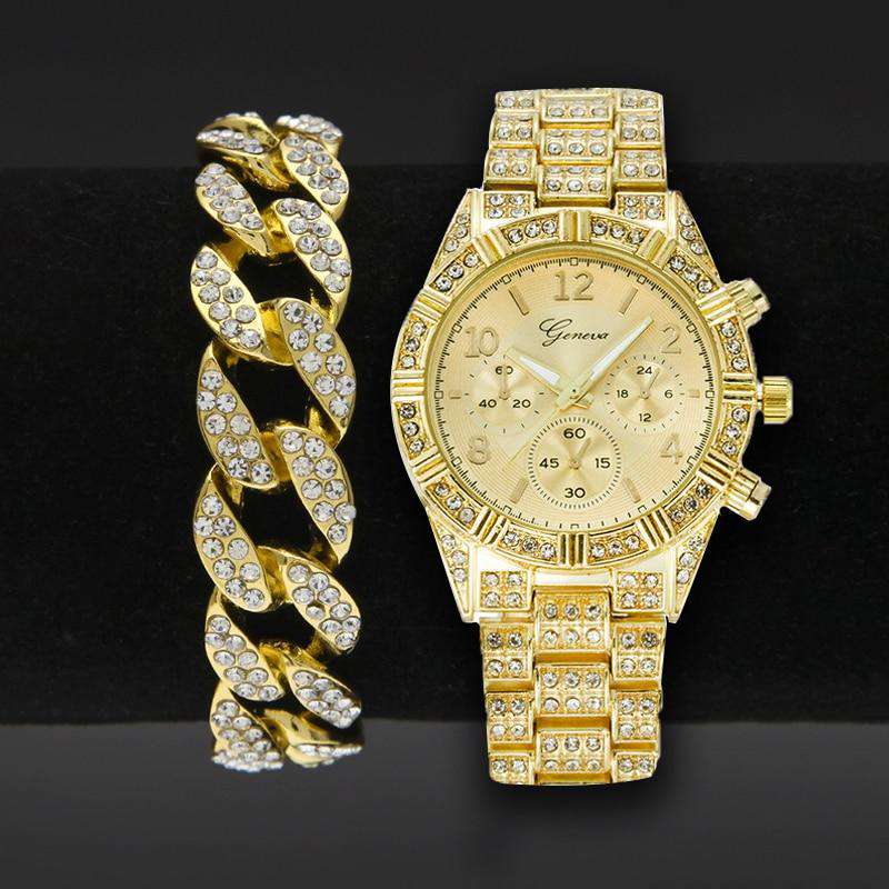 Hip Hop Fresh Jewelry hip hop jewelry Gold Bling Watch + Cuban Chain Bracelet Set