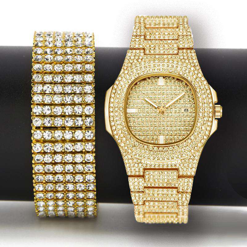 Hip Hop Fresh Jewelry hip hop jewelry Gold Combo Set Thiccc Bracelet and Watch Combo