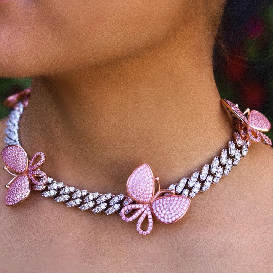 Jewelhery hip hop jewelry 12MM Miami cuban link chain pink butterfly choker