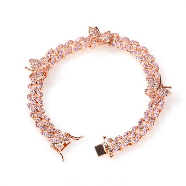 Jewelhery hip hop jewelry bracelet pink butterfly / 6inch Cuban Link Butterfly Bracelet