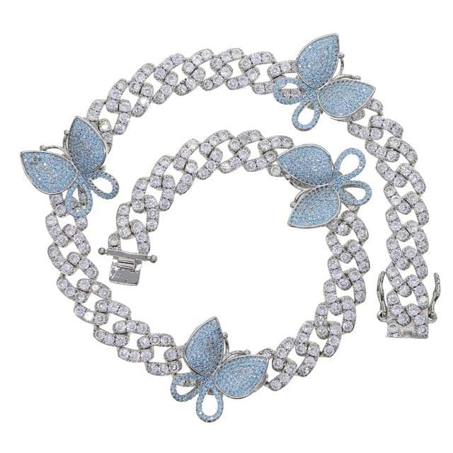 Jewelhery hip hop jewelry light blue / 15inch 12MM Miami cuban link chain pink butterfly choker