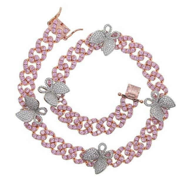 Jewelhery hip hop jewelry Pink / 15inch 12MM Miami cuban link chain pink butterfly choker