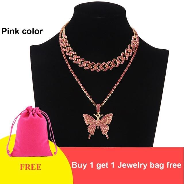 Jewelhery hip hop jewelry Pink 2 Sahara Cuban Butterfly Set