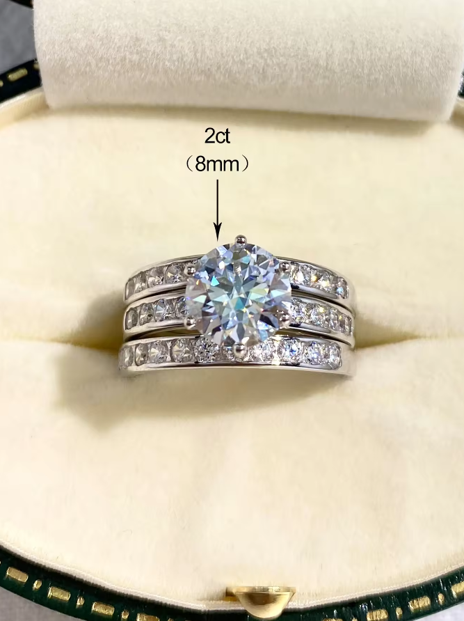 2CT Three Row Diamond 925 Sterling Silver Moissanite Ring