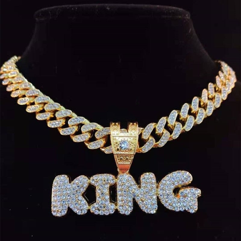 VVS Jewelry hip hop jewelry 0 Gold KING with Cuban Chain / 16inch KING | QUEEN Iced Pendant Necklace