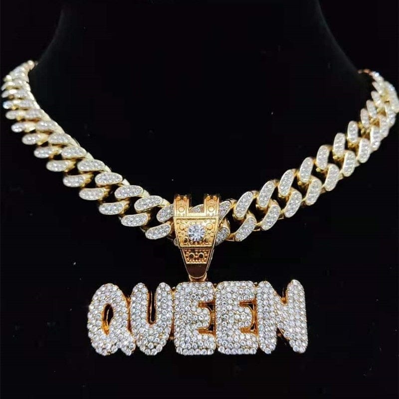 VVS Jewelry hip hop jewelry 0 Gold QUEEN with Cuban Chain / 16inch KING | QUEEN Iced Pendant Necklace