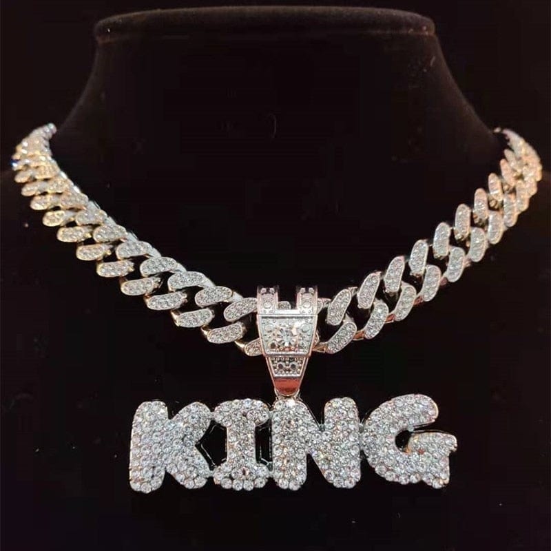 VVS Jewelry hip hop jewelry 0 Silver KING with Rope Chain / 16inch KING | QUEEN Iced Pendant Necklace