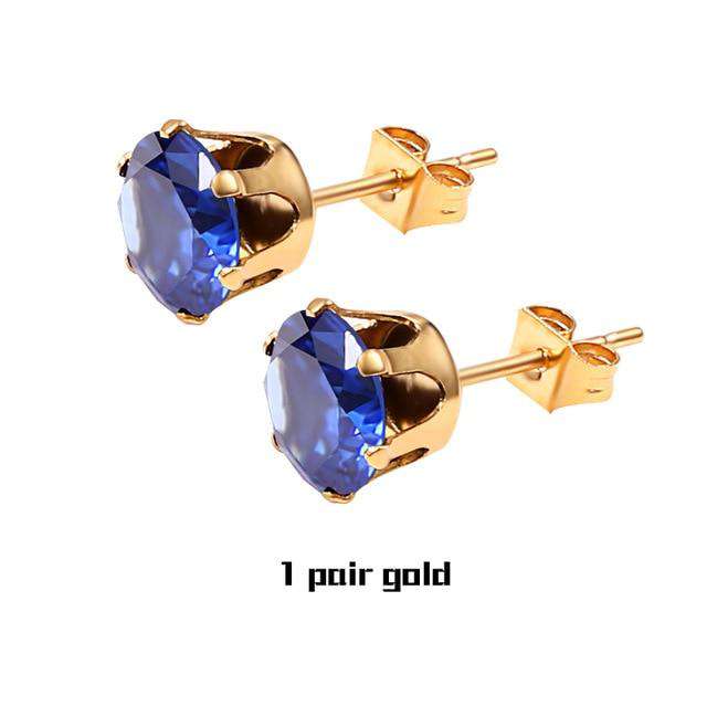 VVS Jewelry hip hop jewelry 1 Pair Blue Gold Small Iced Crystal Stainless Steel Stud Earrings