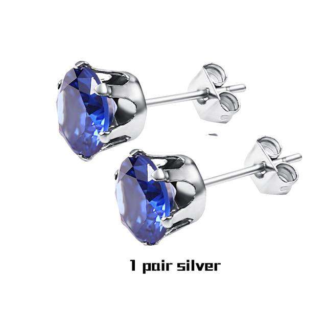 VVS Jewelry hip hop jewelry 1 Pair Blue Silver Small Iced Crystal Stainless Steel Stud Earrings