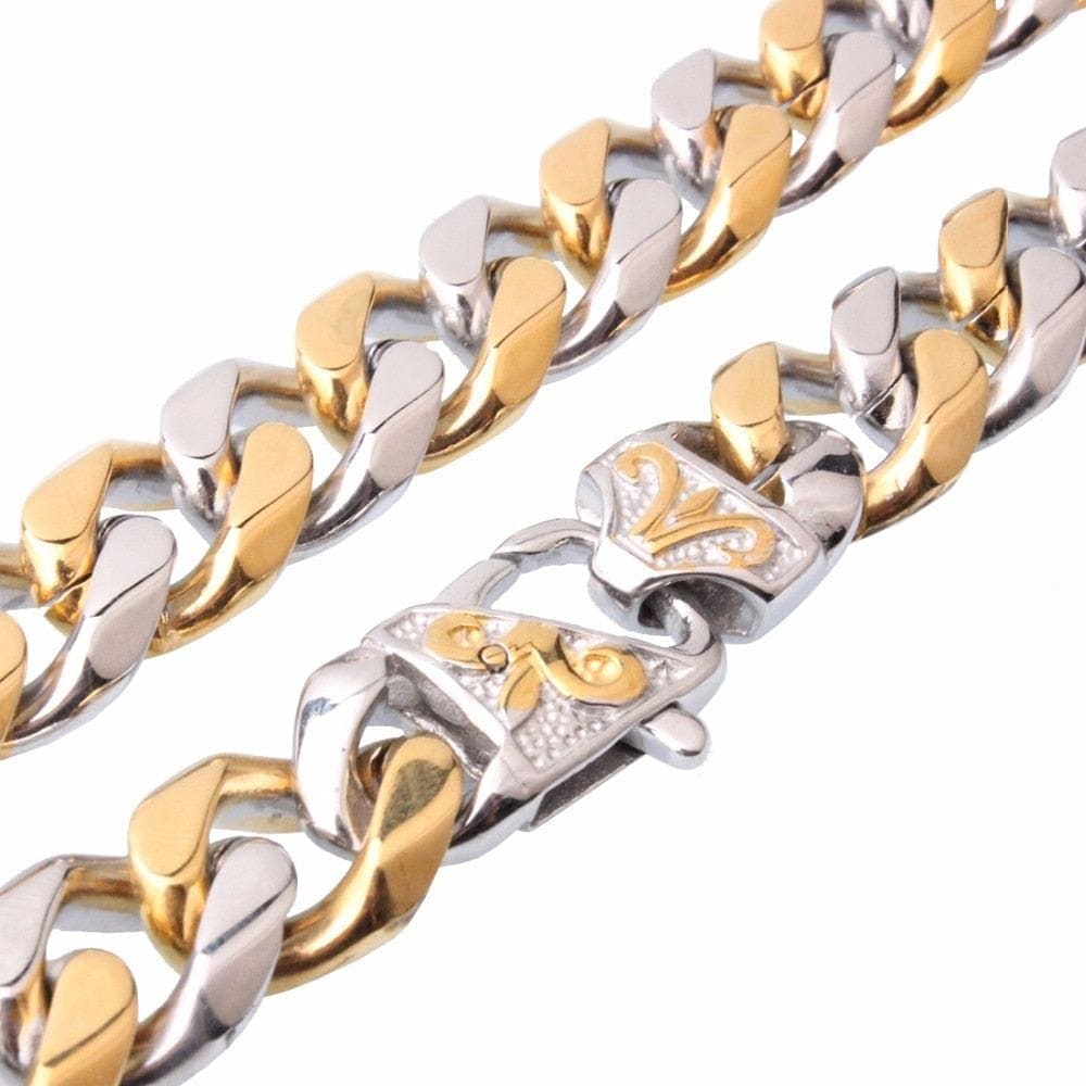 VVS Jewelry hip hop jewelry 12mm / 30 Inch VVS Jewelry Stainless Steel Two-tone Curb Cuban Chain + FREE bracelet