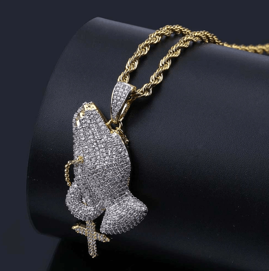 VVS Jewelry hip hop jewelry 18 Inch Iced Praying Hands Pendant Chain