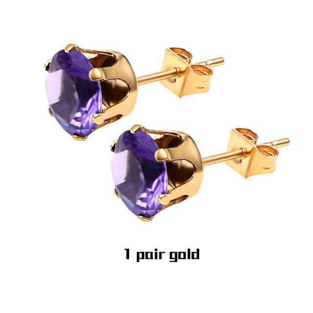 VVS Jewelry hip hop jewelry 1Pair Purple Gold Small Iced Crystal Stainless Steel Stud Earrings