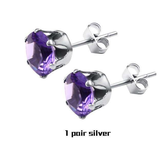VVS Jewelry hip hop jewelry 1Pair Purple Silver Small Iced Crystal Stainless Steel Stud Earrings