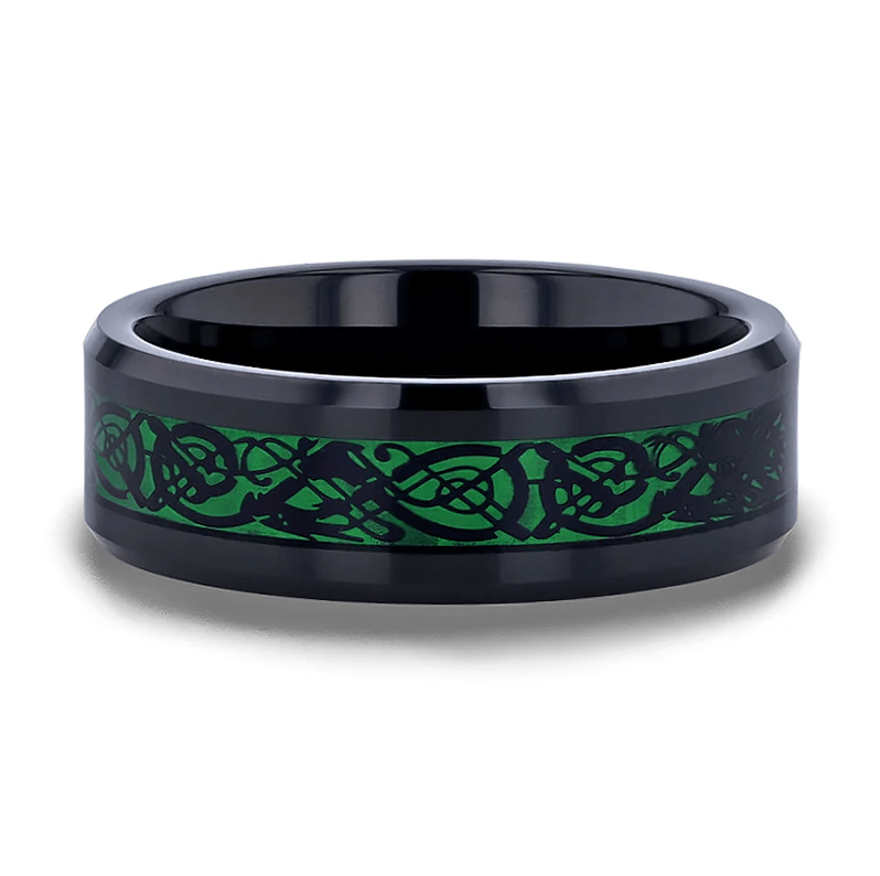 VVS Jewelry hip hop jewelry 8MM Black Tungsten Men's Wedding Band with Green Celtic Dragon Inlay